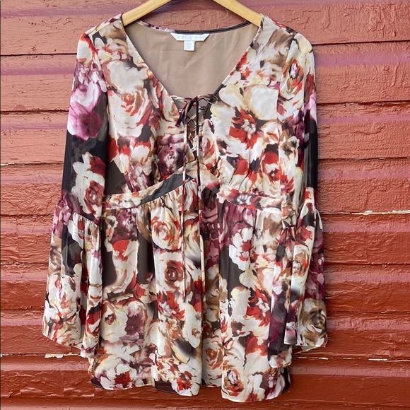 Boston Proper Lace Up Neckline Floral Chiffon Flounce Sleeve Top Women's Size M - Picture 1 of 8